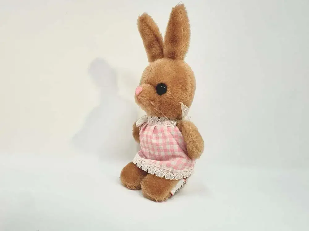 Vintage Bunny Rabbit Plush Toy by Dakin 1979 Stuffed Animal Pink Gingham Dress